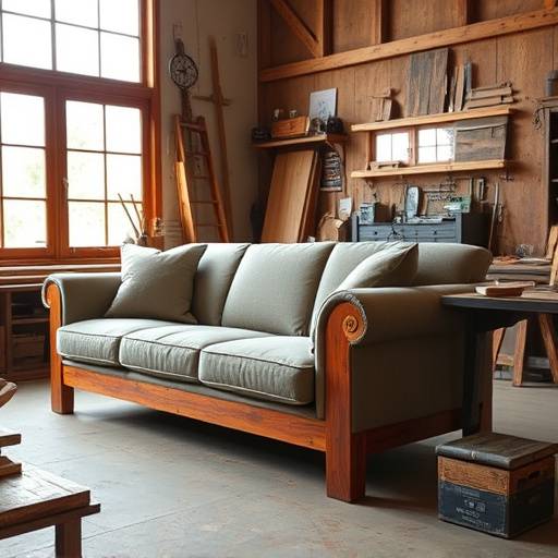 A craftsman working on a custom sofa in a Denver workshop