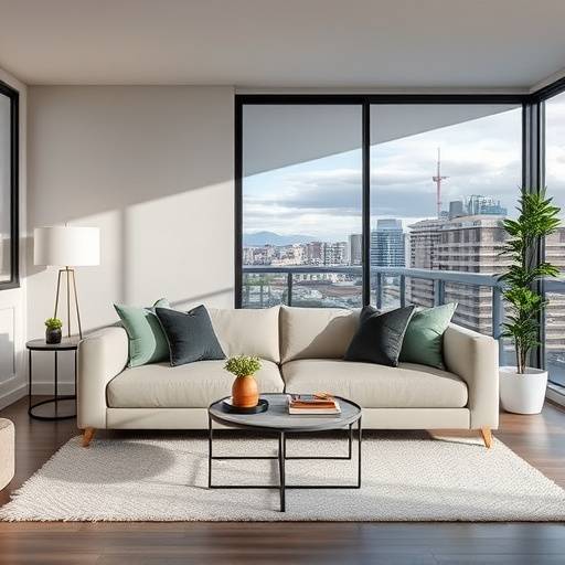 A modern, minimalist loveseat in a Denver condo, highlighting CloudNine Comforts' expertise in contemporary furniture design