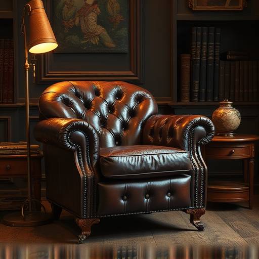 A vintage-style leather club chair in a study